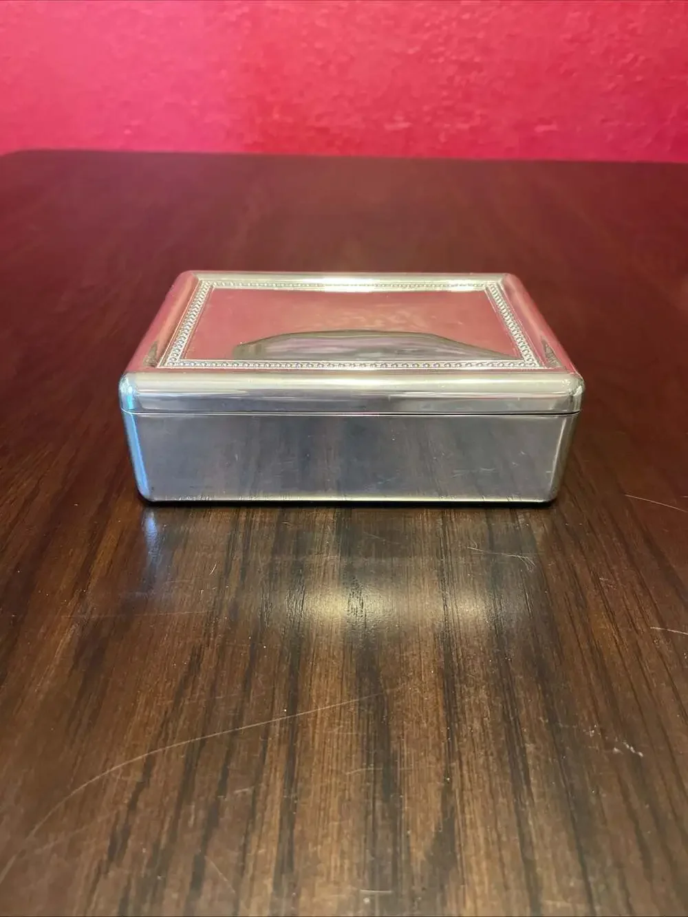 Vntg Silver-Plated Rectangular Trinket Jewelry Box w/Mirror & Red Velvet Lining